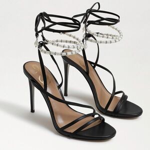 NEW! Sam Edelman Black Leather Scarlette Beaded Ankle Strap Stileto - Size 7